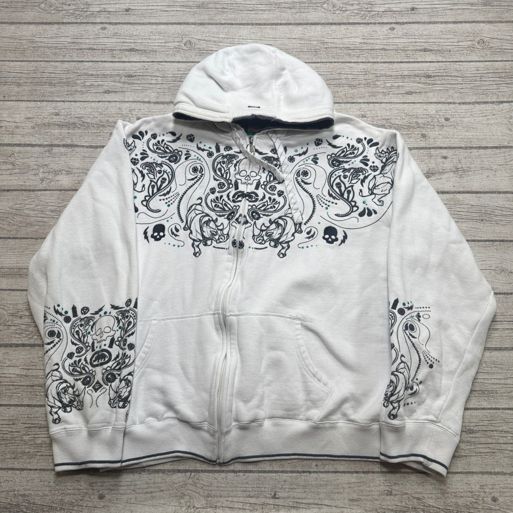 Y2K Ecko Unltd Hoodie Men's 2XL White Zip Up Skull Rhino Streetwear Grunge Goth